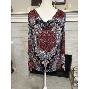 INC womens Sz Large long sleeved Cowl Neck Multicolor blouse boho floral Paisley